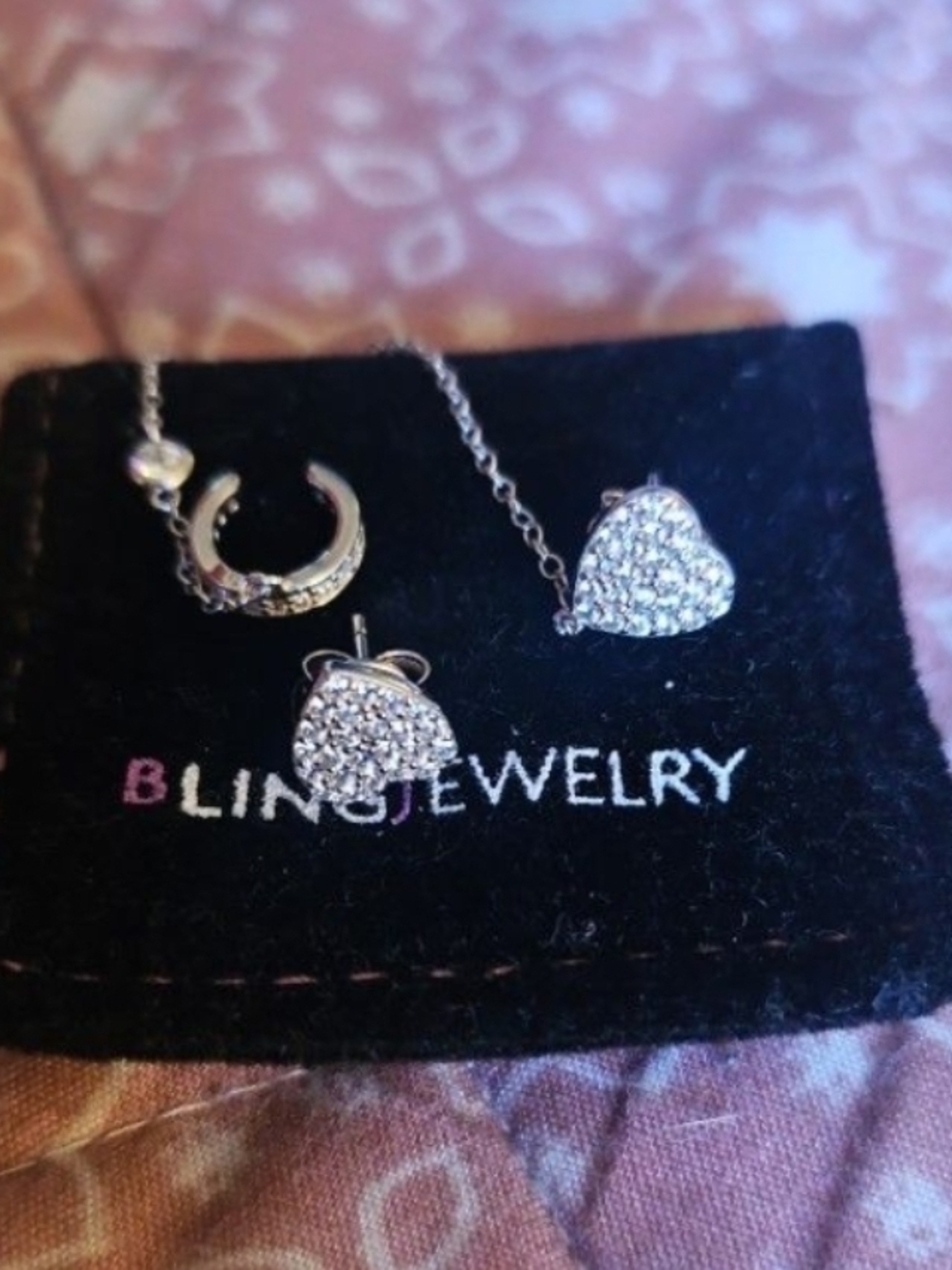 Bling Jewelry Silver Crystal Heart Necklace & Stud Earring Set